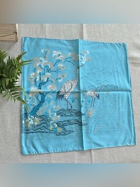 Blue Silk Scarf with Crane and Floral Motif